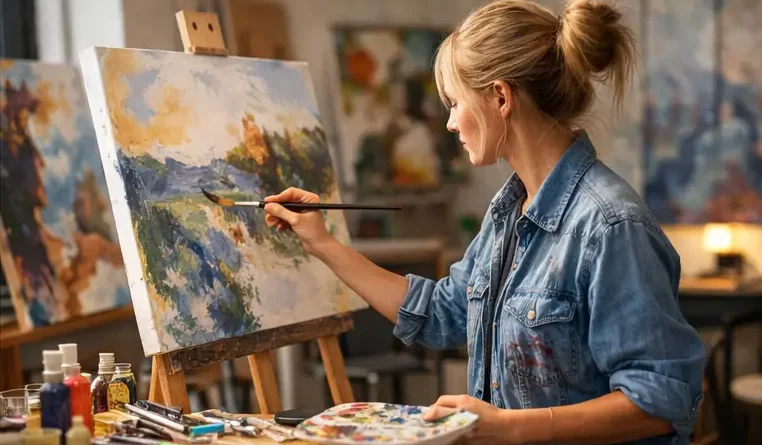 Woman painting a landscape painting on an easel