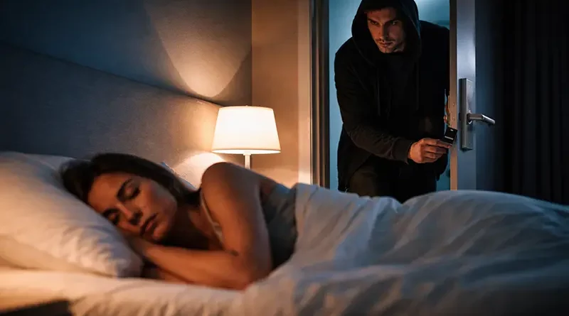 An intruder entering a hotel room