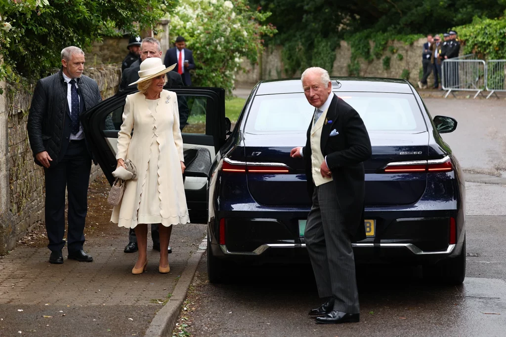 King Charles and Queen Camilla arriving at Peter Phillips and Harriet Sperling wedding