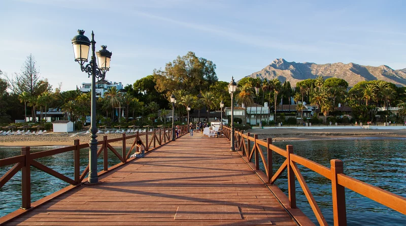 Marbella Club Hotel jetty on the Golden Mile with La Concha mountain