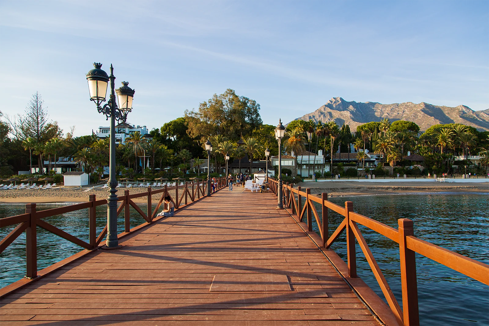 Marbella Club Hotel jetty on the Golden Mile with La Concha mountain