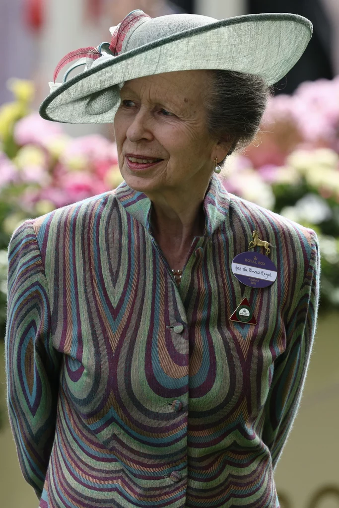 Royal Ascot 2026 opening day Princess Anne in formal hat and patterned jacket