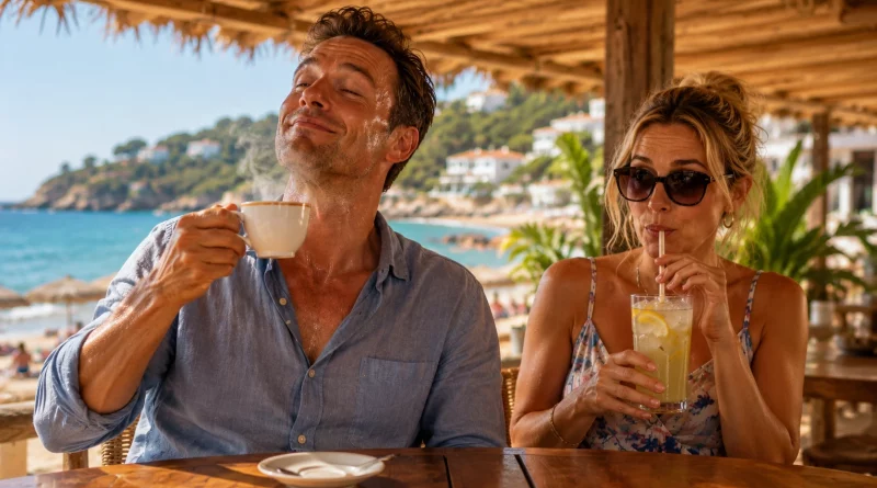 Sweating man drinking hot tea beside a woman with cold lemonade at a Spanish beach bar for a summer myths article
