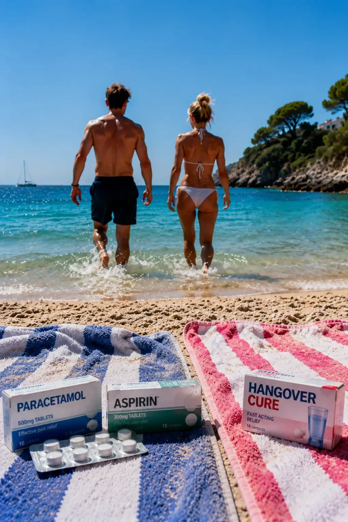 Painkillers and a hangover cure box on beach towels as a couple walks into the sea for a Riviera Ready article about summer myths