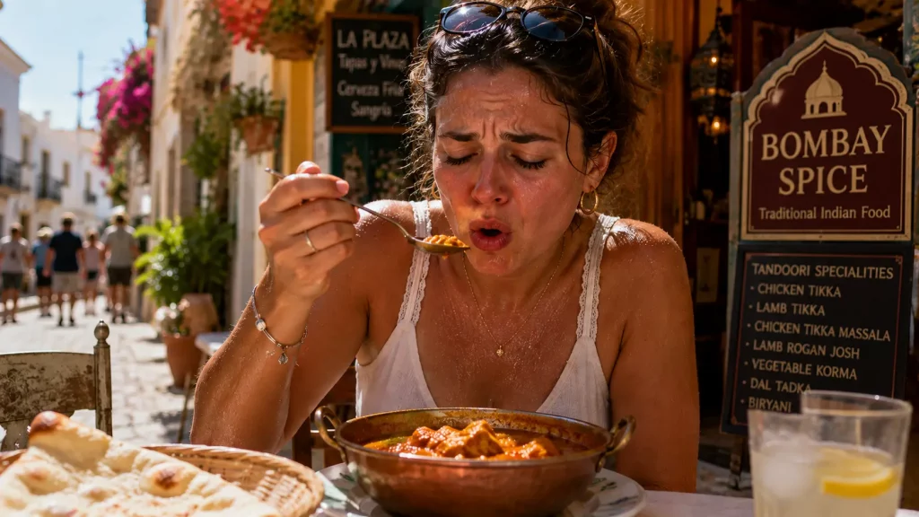 Woman sweating while eating spicy curry on a hot summer terrace for a Riviera Ready article about summer myths and whether spicy food cools you down