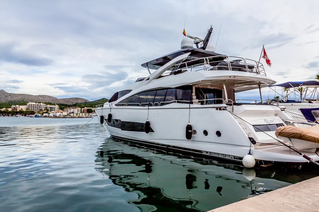 A Sunseeker luxury yacht moored in a Mallorca marina