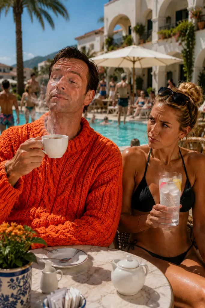 Sweating man in a thick orange woolly jumper drinking hot tea by a Spanish hotel pool while his girlfriend drinks iced water