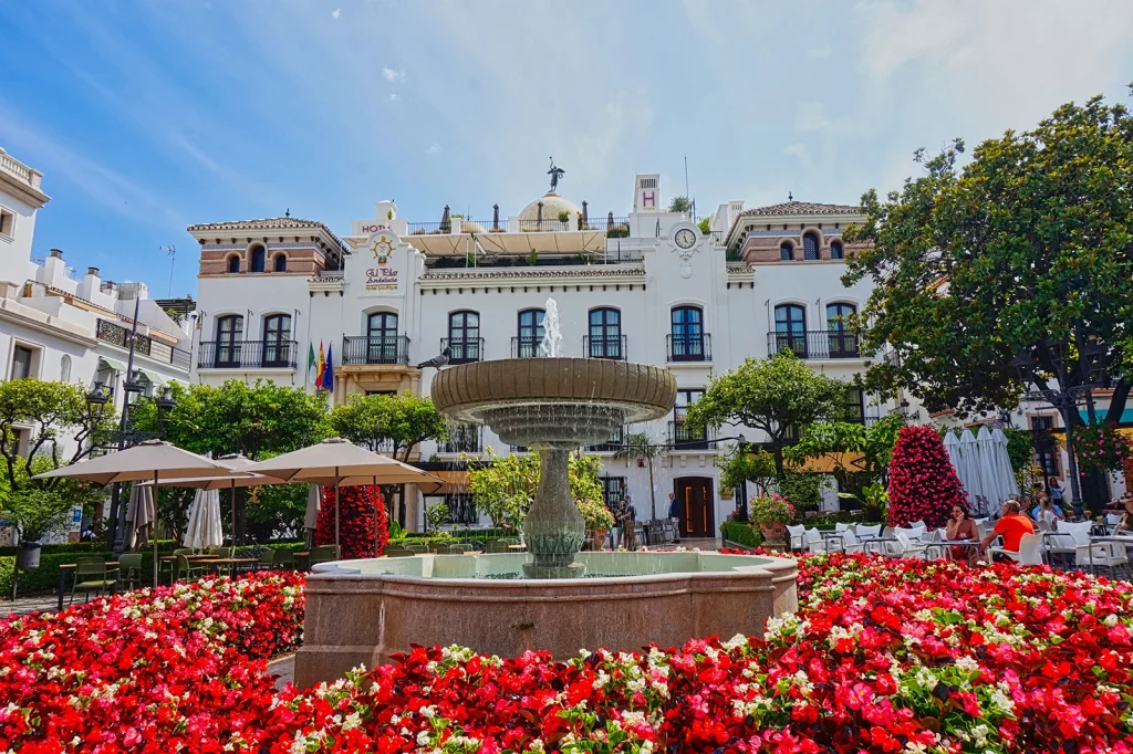 Estepona Old Town Plaza de las Flores with fountain and flowers on the Costa del Sol
