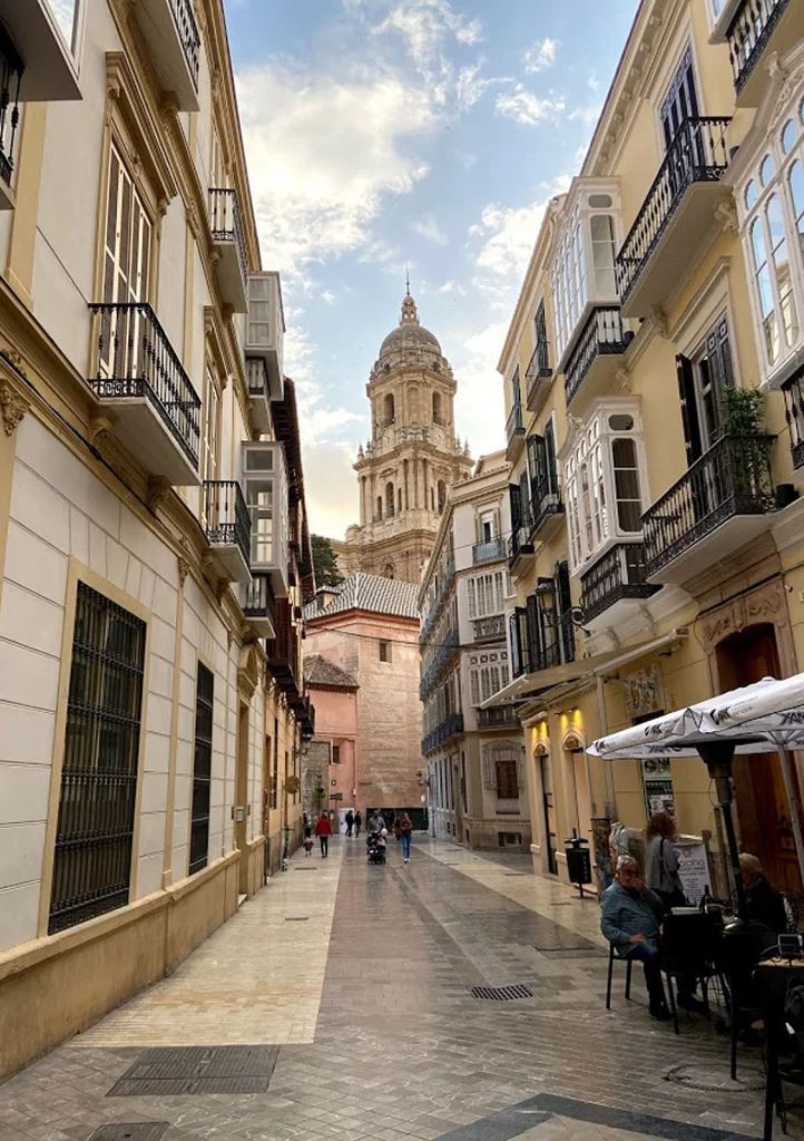Málaga Cathedral seen from a narrow old town street on the Costa del Sol.