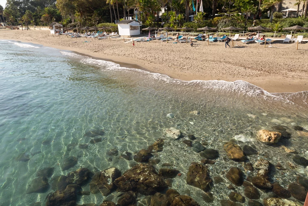 Clear Mediterranean water beside the beach at Marbella Club Hotel on the Golden Mile.
